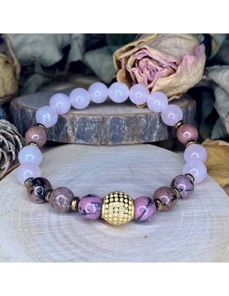 bracelet lithothérapie quartz rose et rhodonite