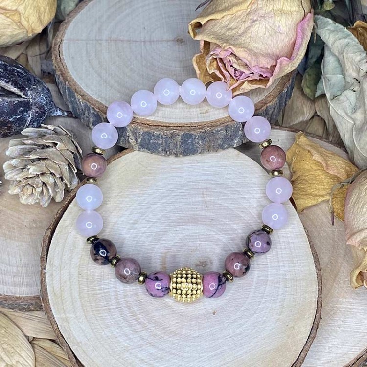 bracelet lithothérapie quartz rose et rhodonite