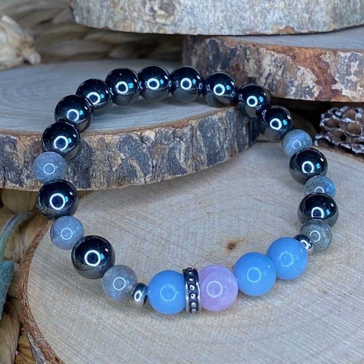 bracelet en hématite, labradorite, angélite et kunzite